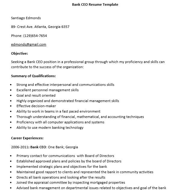 bank ceo resume template