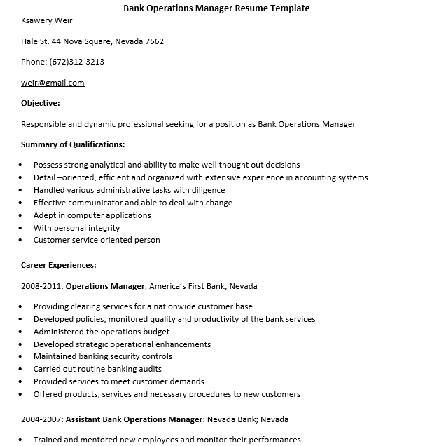 bank operations manager resume template