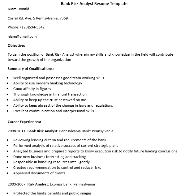 bank risk analyst resume template