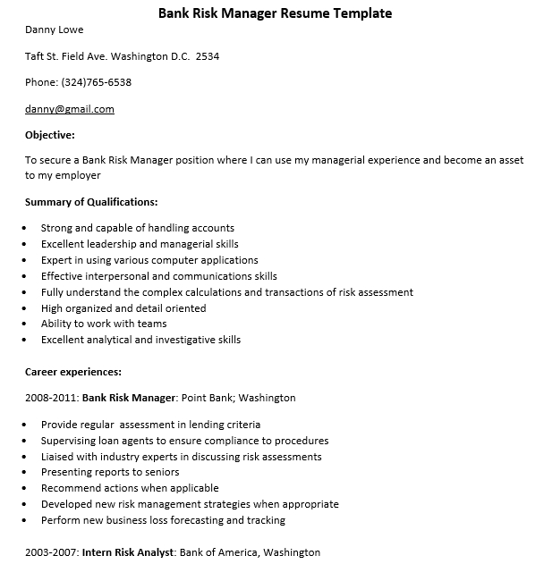 bank risk manager resume template