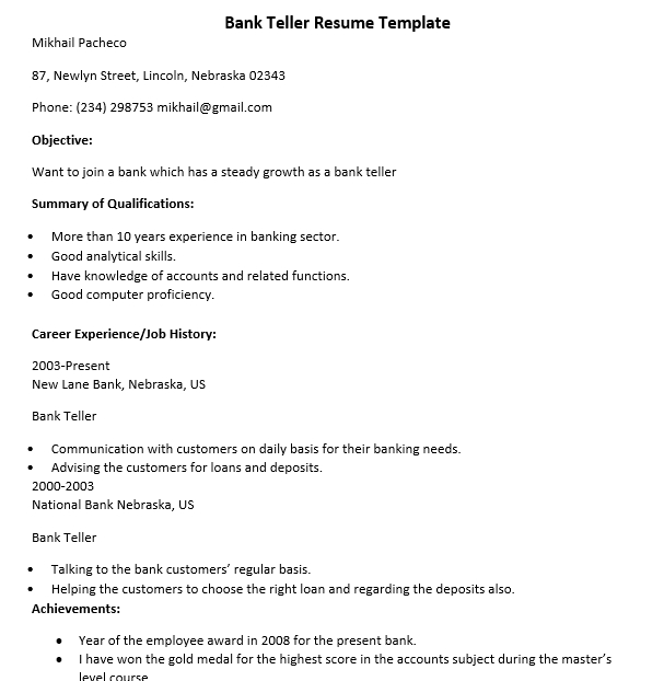 bank teller resume template