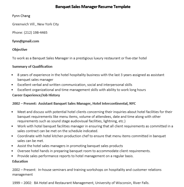 banquet sales manager resume template