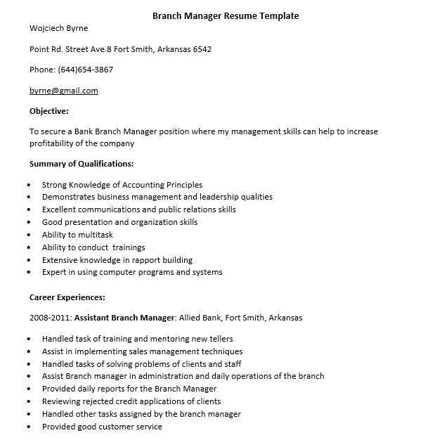 branch manager resume template