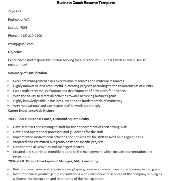 business coach resume template