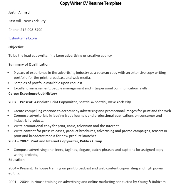 copy writer cv resume template