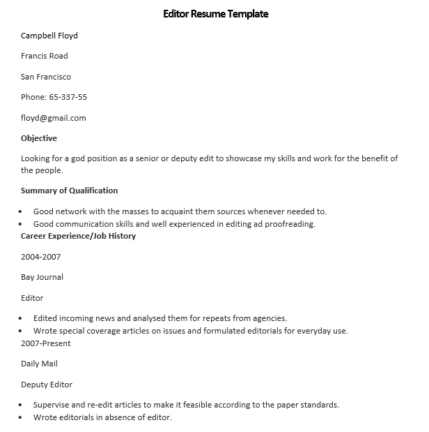 editor resume template