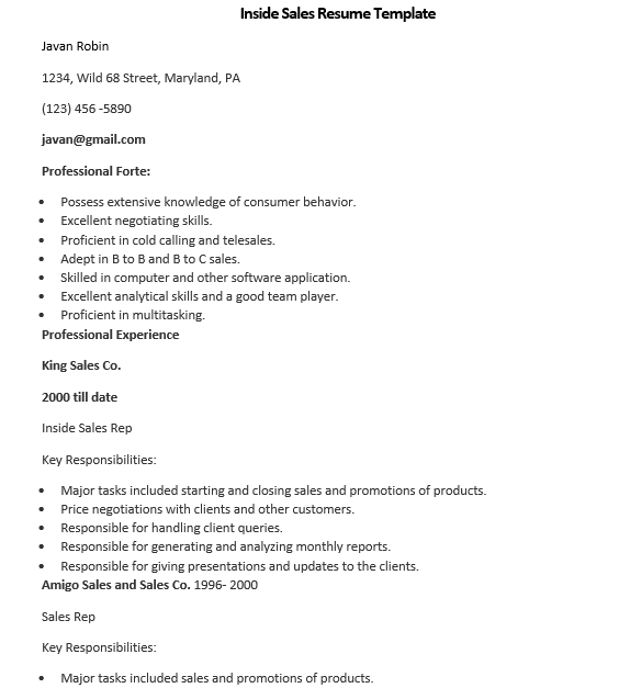 inside sales resume template