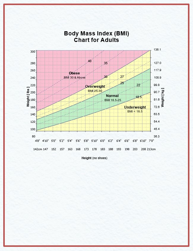 Body Mass Index BMI Chart for Adults