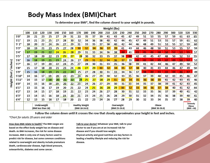 Printable Body Mass Index BMIChart