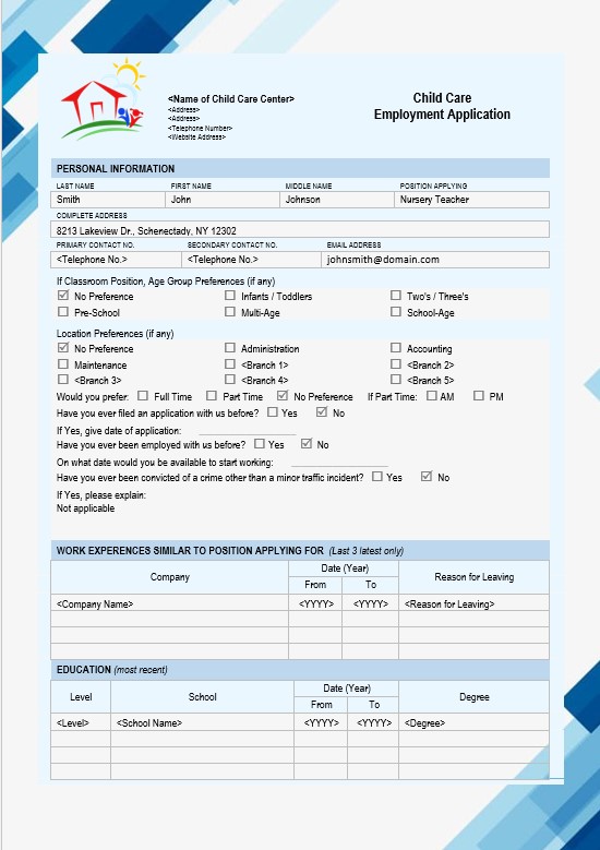 Child Care Employment Application Template