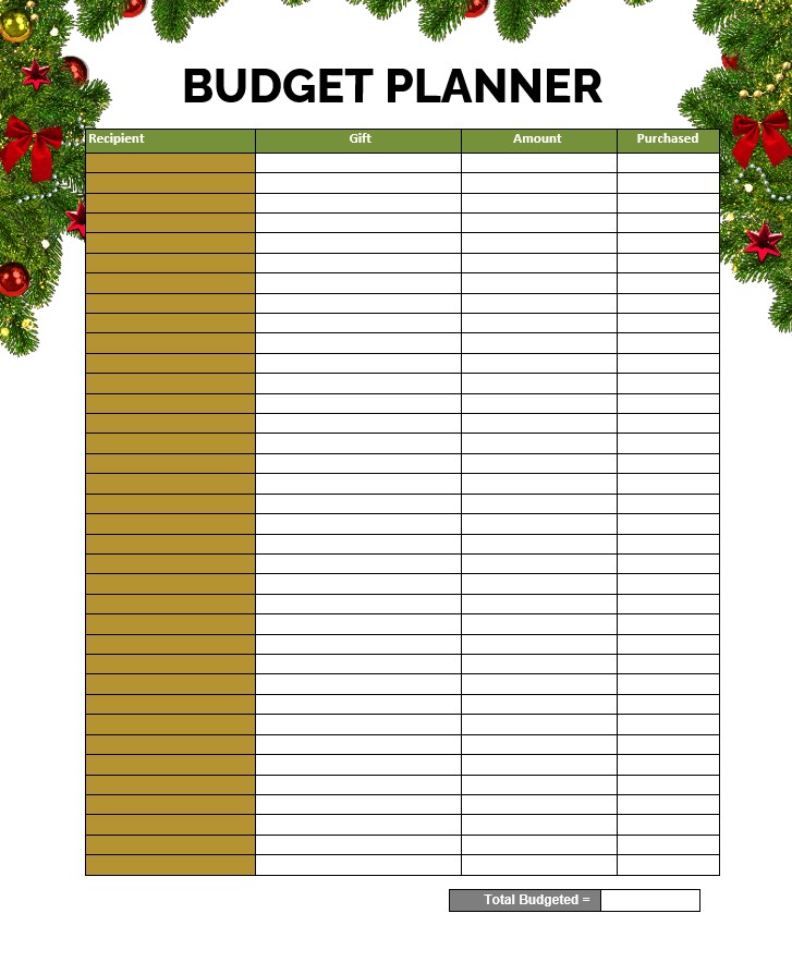 Christmas Gifts Budget Worksheet