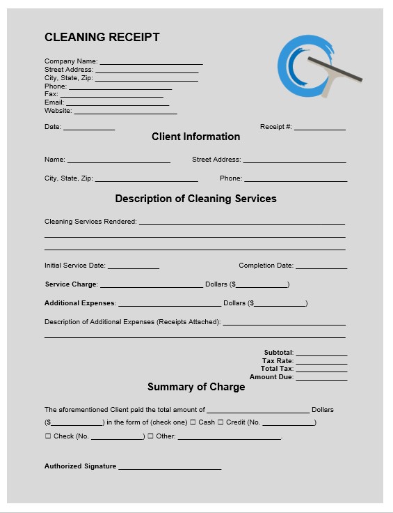 Cleaning Receipt Template
