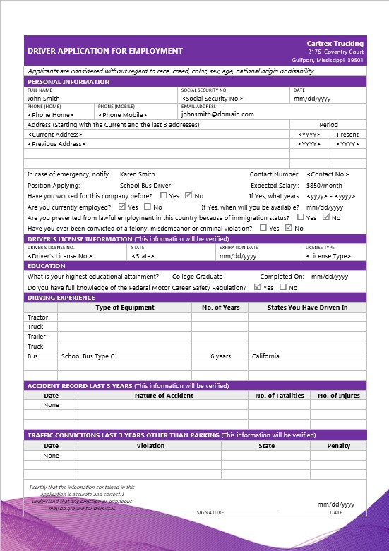 Driver Application for Employment Template