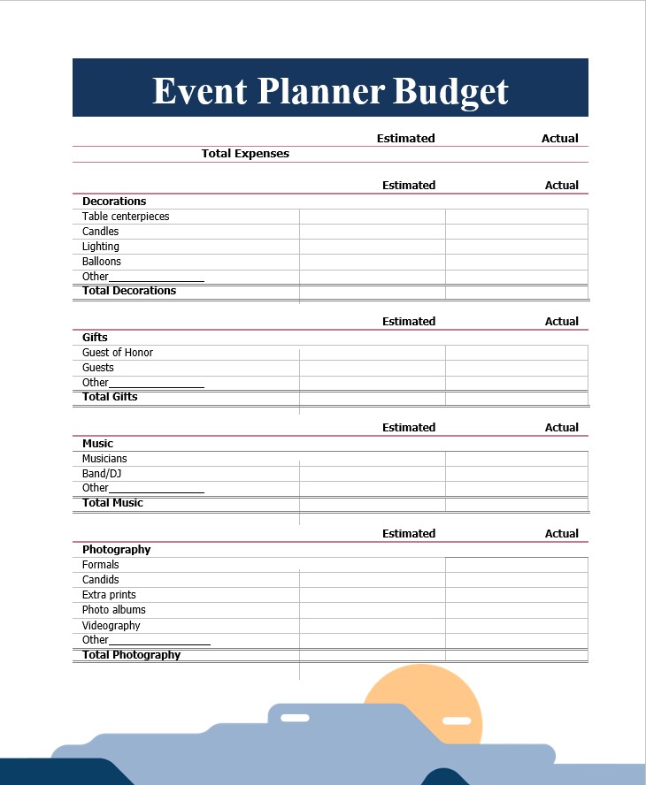 Event Planner Budget Worksheet