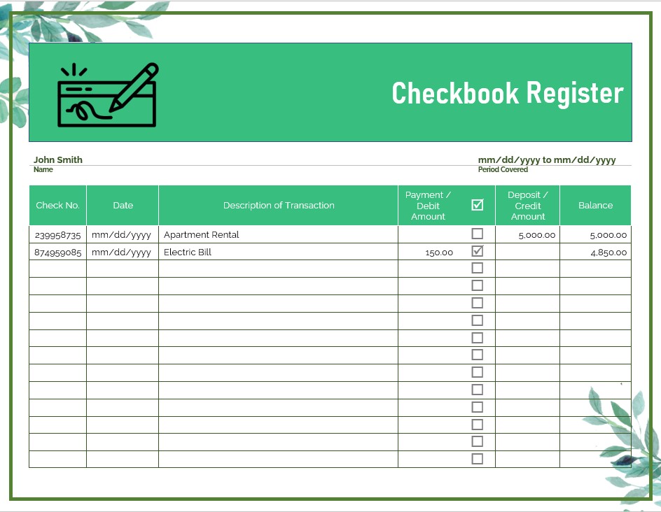 Payment Checkbook Register