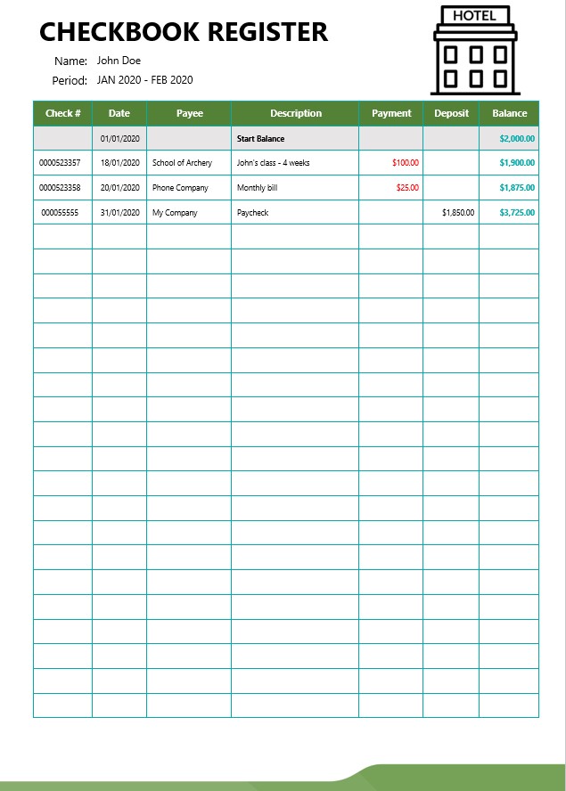 Printable Checkbook Register