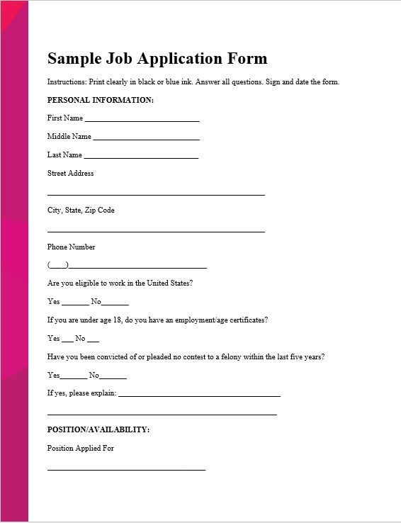 Printable employment application template