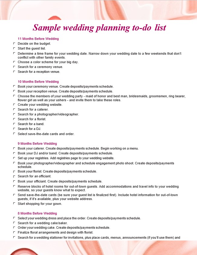 Sample wedding planning
