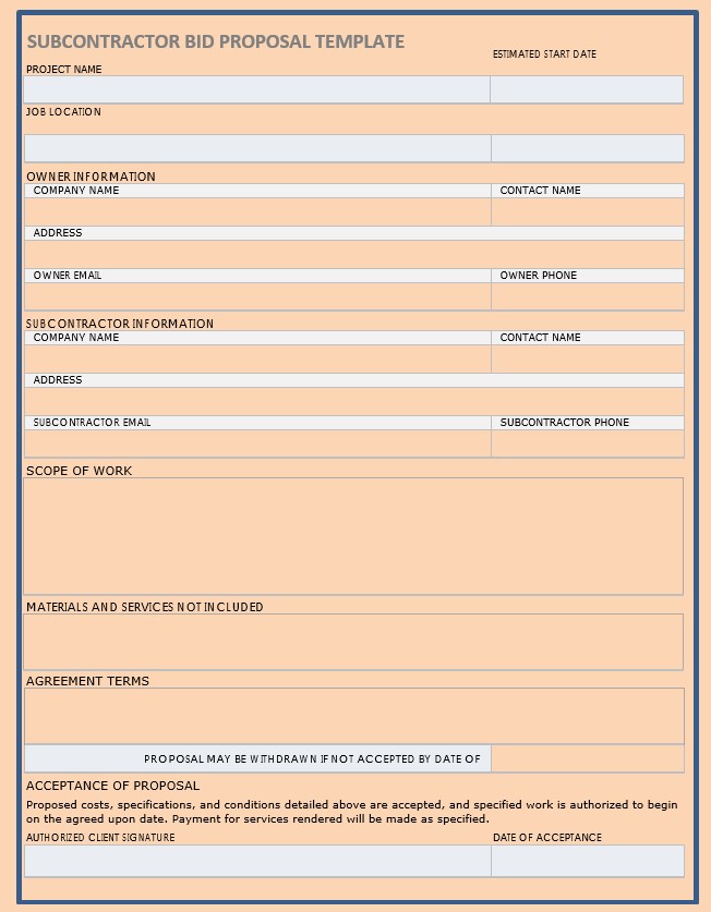 Subcontractor Bid Proposal Form
