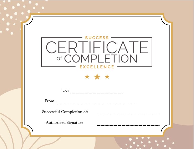 blank excellence certificate completion