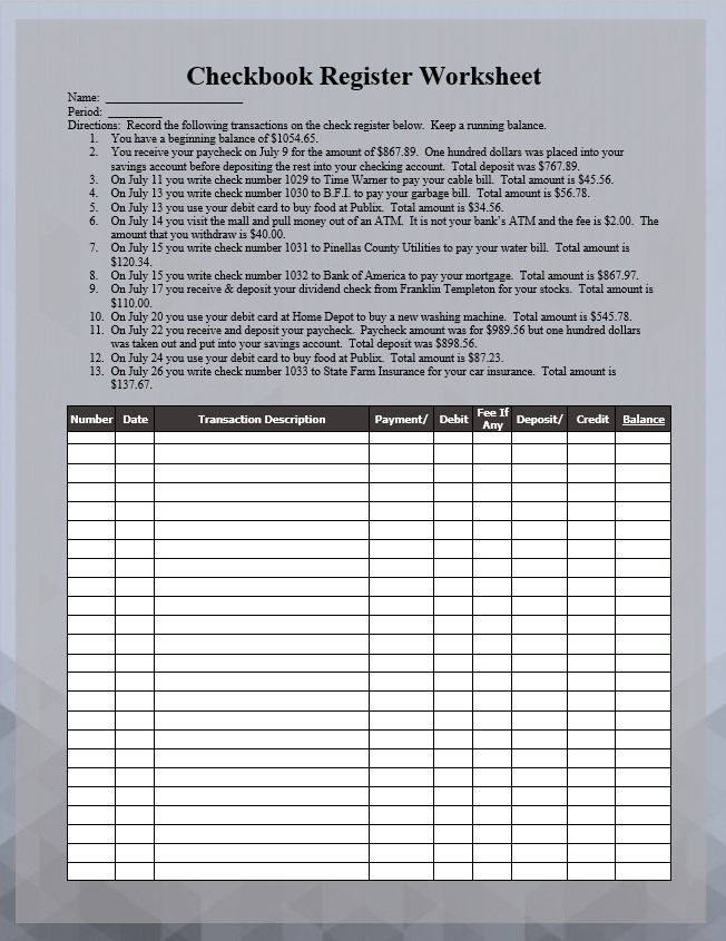 checkbook register Worksheet