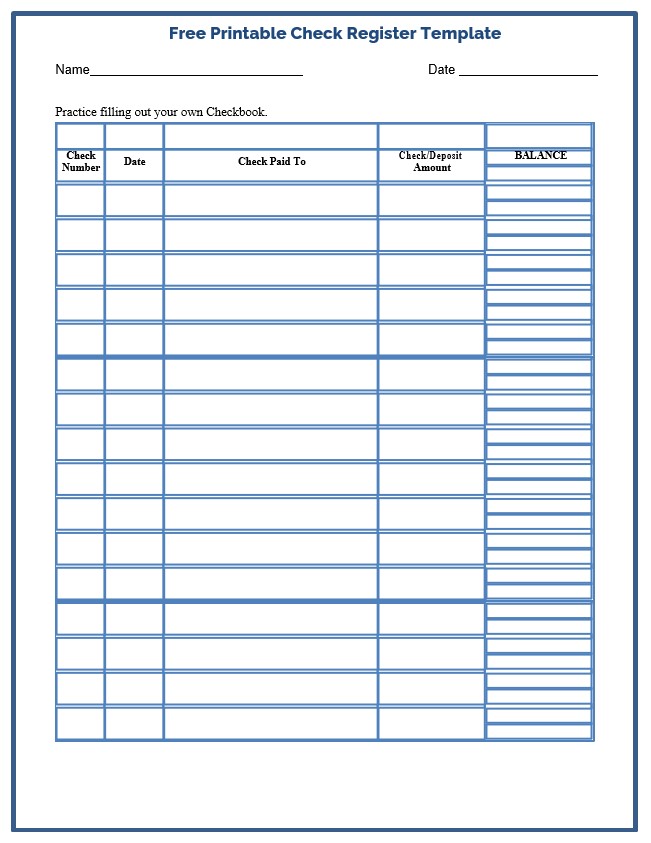 free printable check register template