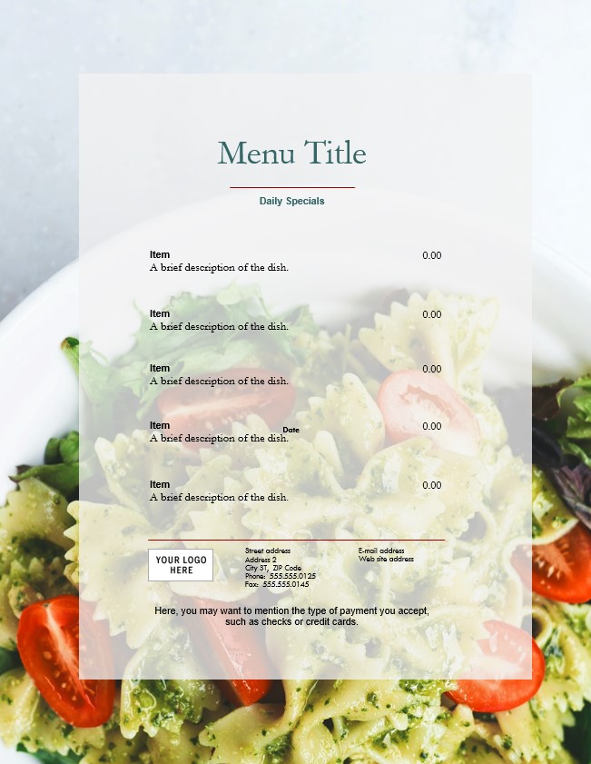 free printable menu template