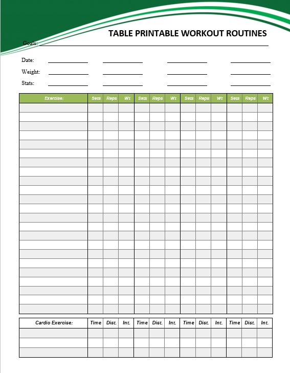 table printable workout routines