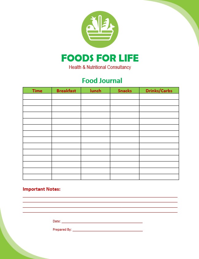 Blank printable food journal