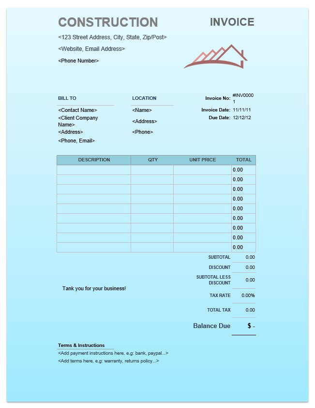 Business invoice construction template