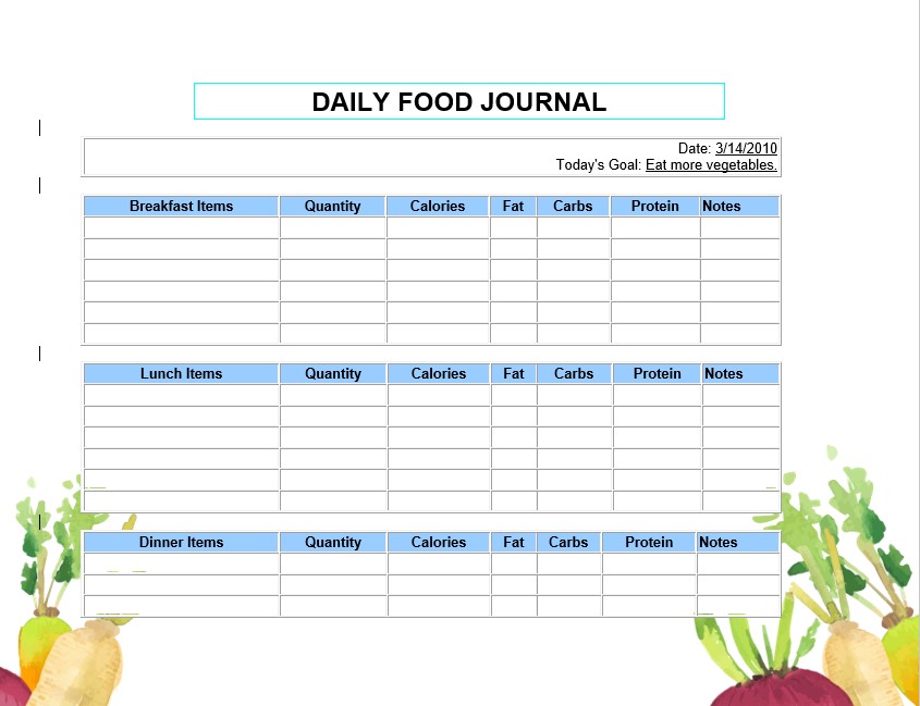 Daily food journal template
