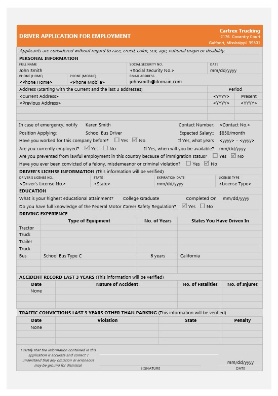 Driver Applicaition for Employment Template