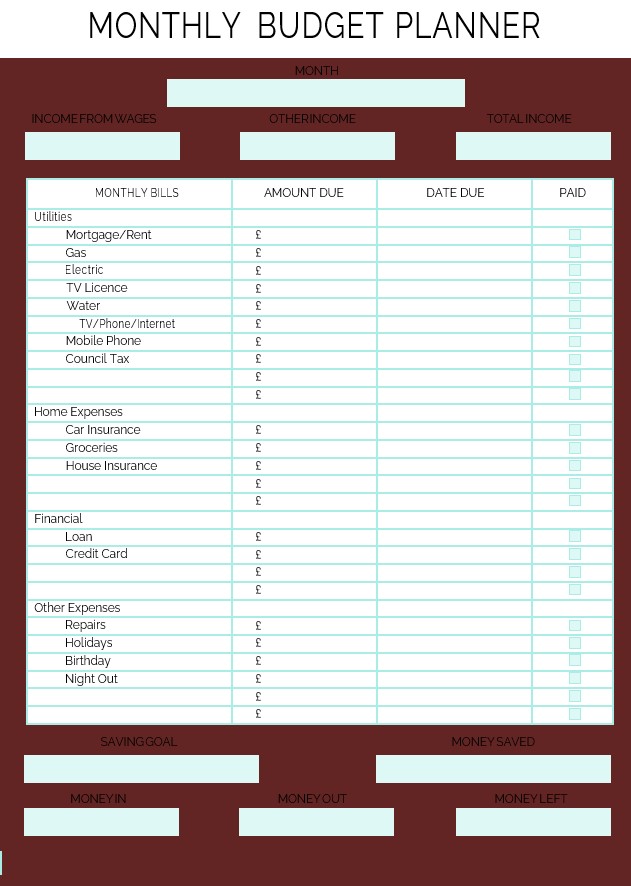 Monthly budget planer template