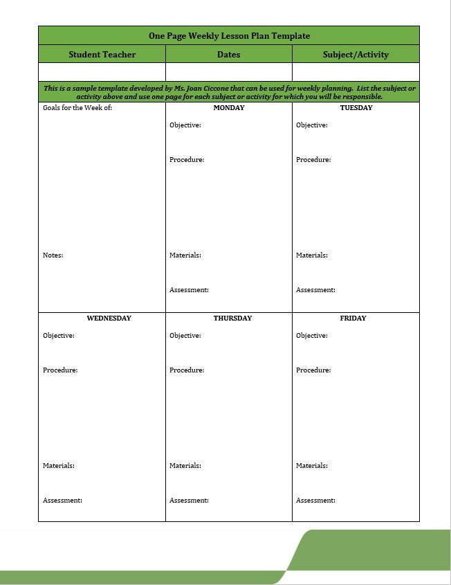 One Page Weekly Lesson Plan Template