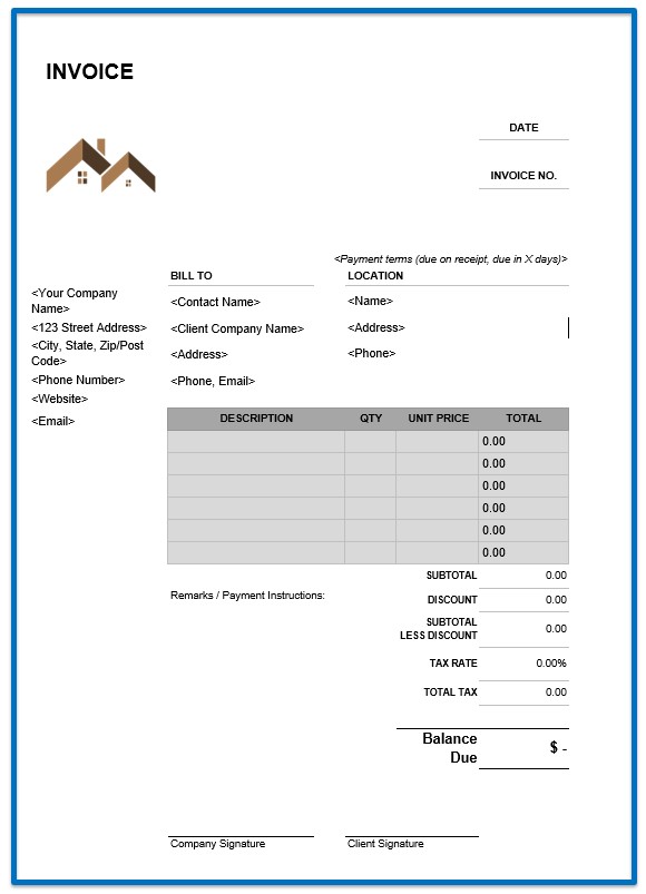 Printable invoice construction template