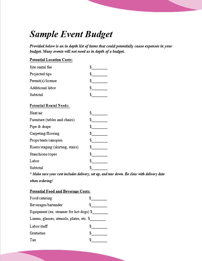Printable proposal Event budget template