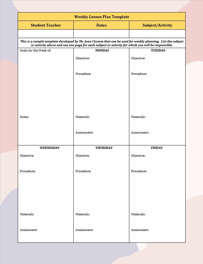 Single Weekly Lesson Plan Template