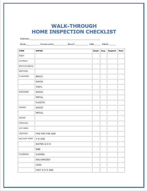 Walk Through Home Inspection Checklist