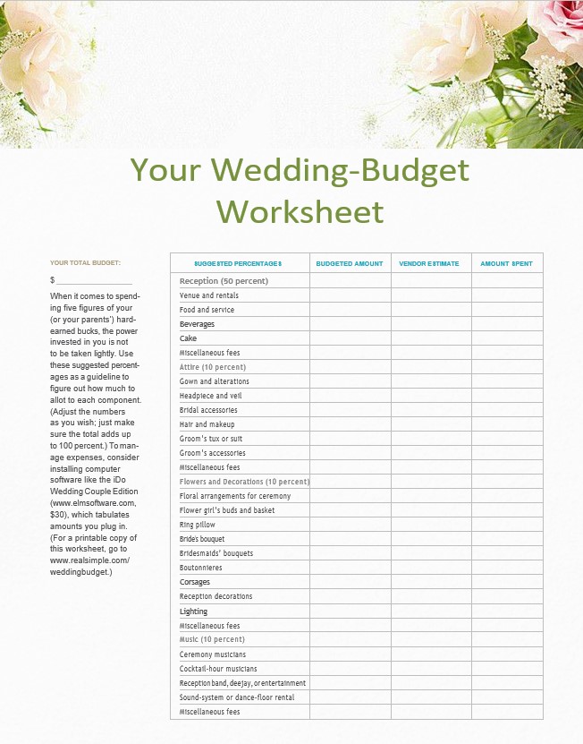 Wedding Budget Planner Printable Sample