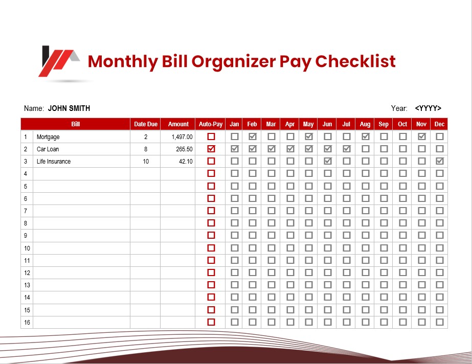 Monthly Bill Organizer Pay Checklist