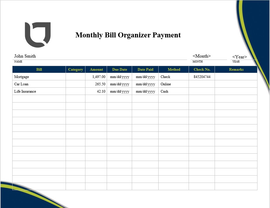 Monthly Bill Organizer Payment
