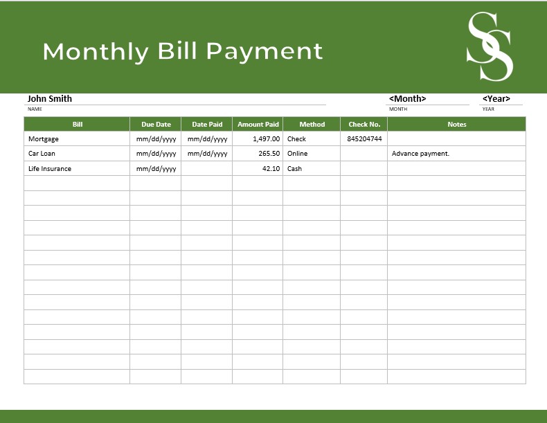 Simple Monthly Organizer Bill Payment
