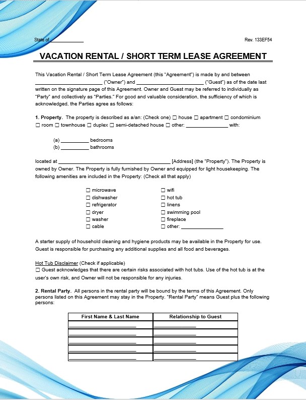 Vacation Rental Short Term Lease Agreement
