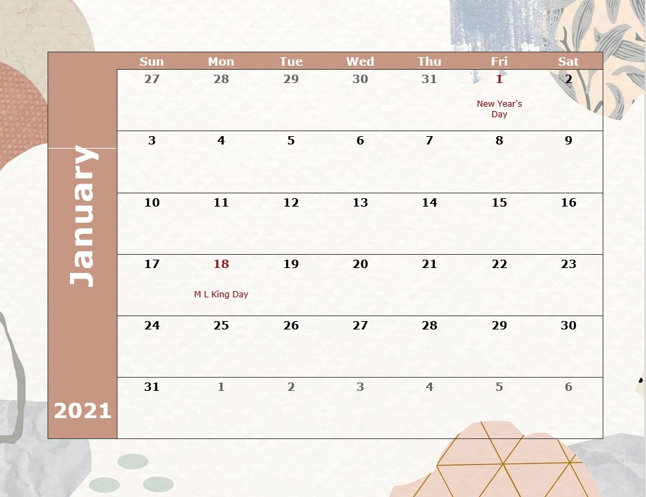 2021 monthly calendar