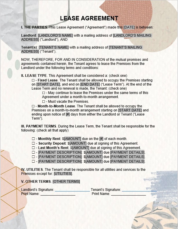 One Page Residential Lease Agreement