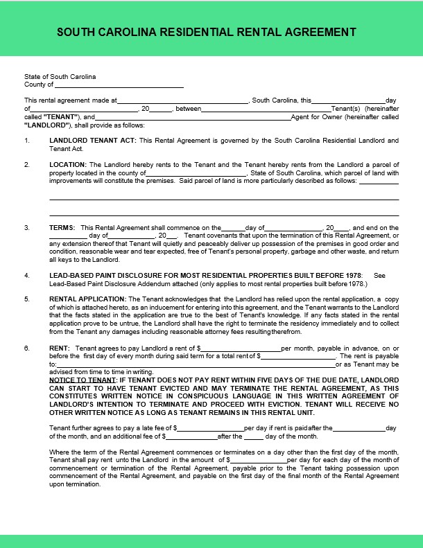 South Carolina Residential Lease Agreement