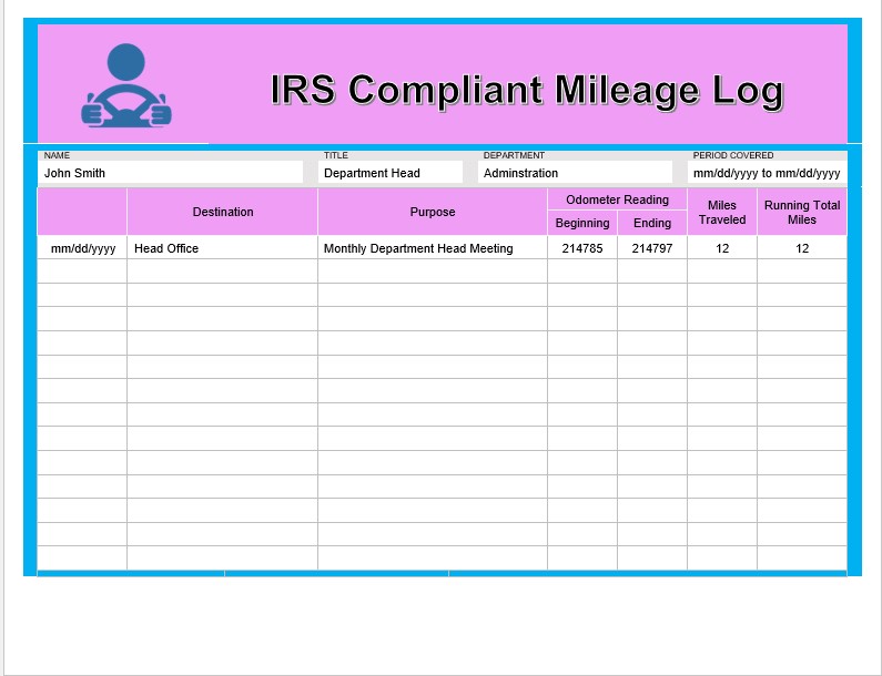 Template IRS Compliant Mileage Log