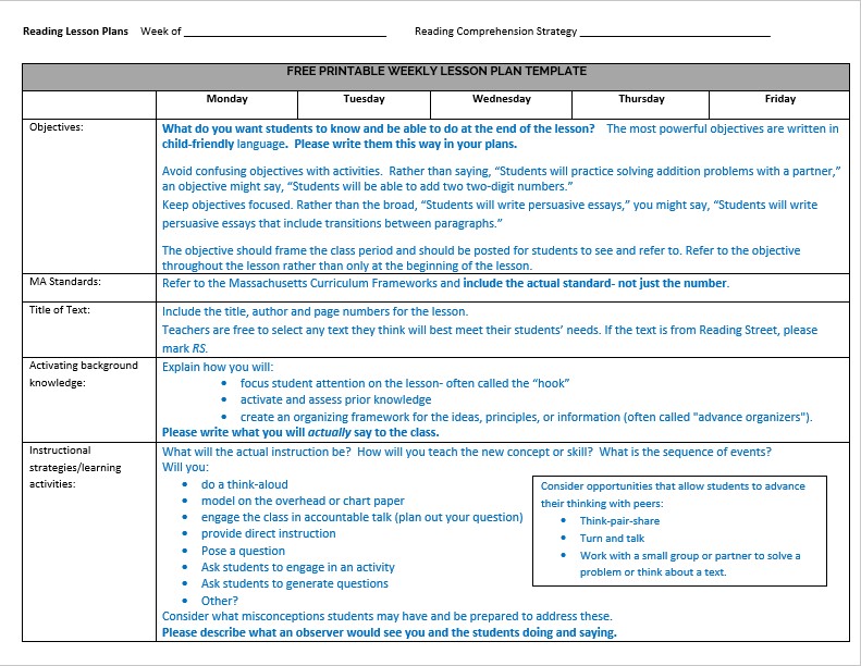Annotated Weekly Lesson Plan Template