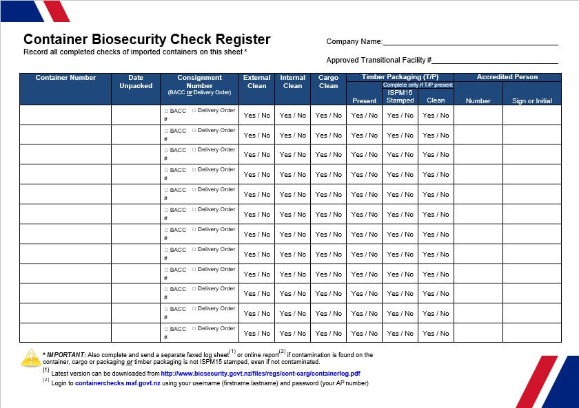 Container Biosecurity Check Register