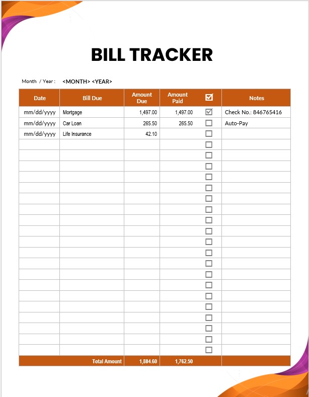 Table Monthly Bill Tracker